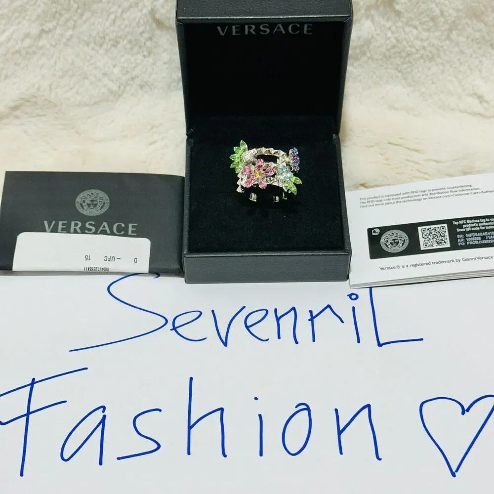 NIB Versace Multicolor Crystal Flower Bloom Ring Silver Tone IT 15 US 7 $675